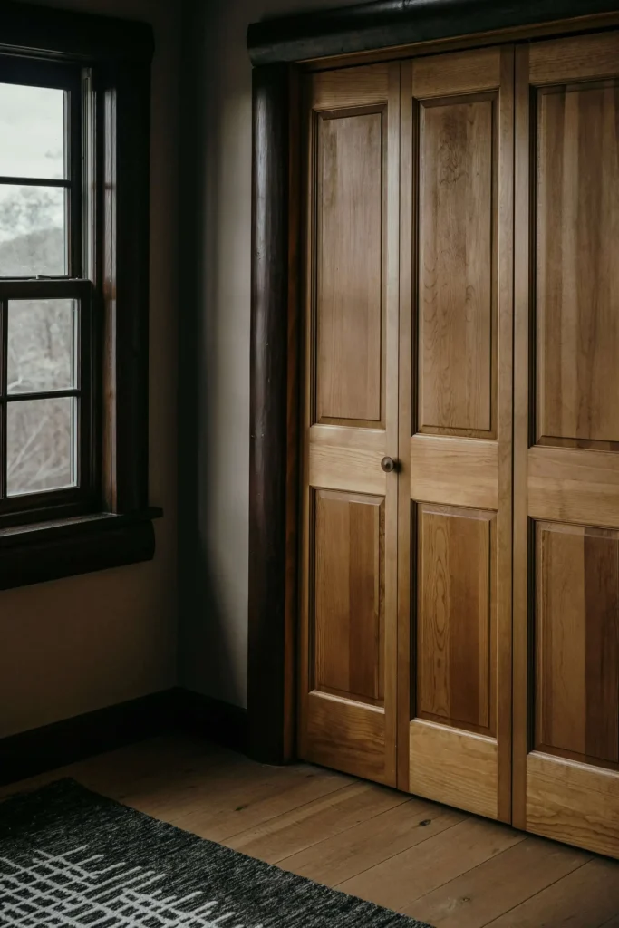 Wooden closet doors next to a window with dark wood trim in a dimly lit room.