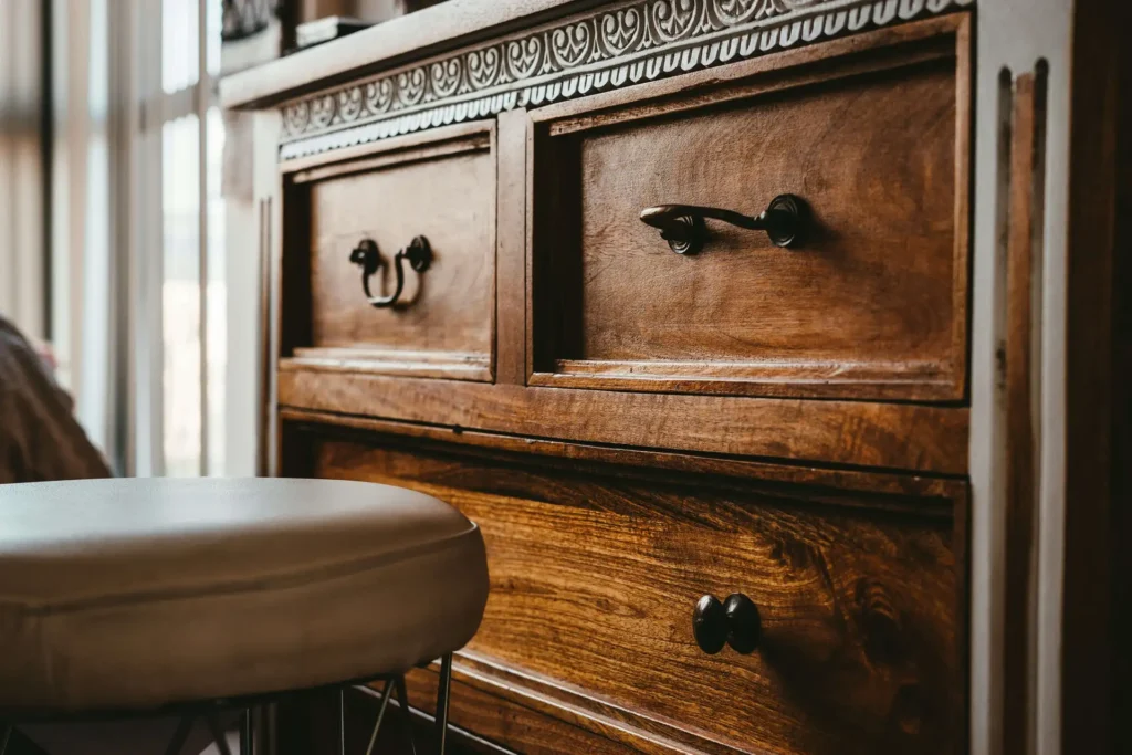 Close-up of a wooden dresser with ornate handles, featuring three drawers. A beige cushioned stool is positioned in front of it.
